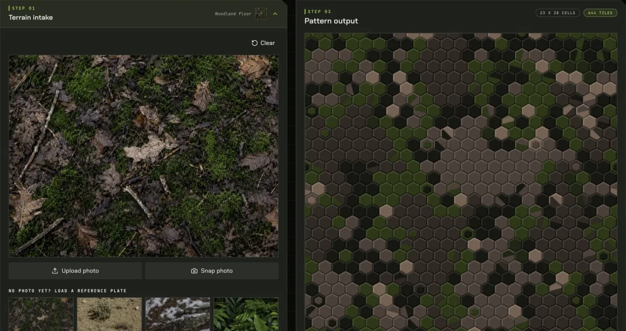 CamoBot public woodland reference and camouflage pattern preview